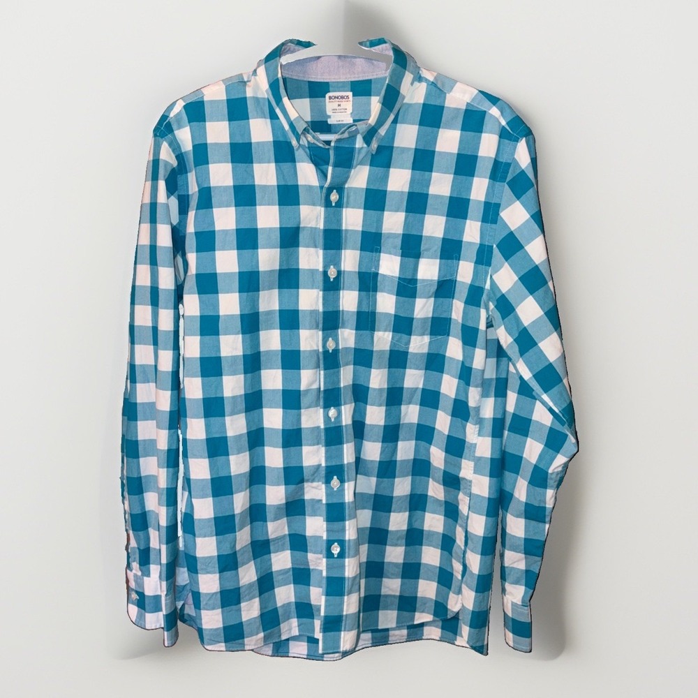 BONOBOS Mens 100% Cotton Slim Fit Med Blue Gingham Button Down Resort Wear Shirt